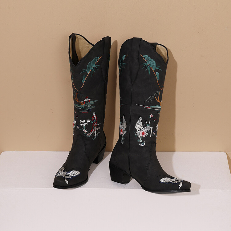 knight-boots-pu-square-toe-chunky-heel-embroidered-high-shaft-winter-boots Knight Boots PU Square Toe Chunky Heel Embroidered High Shaft Winter Boots