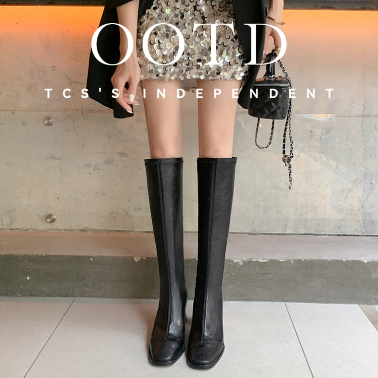 stretch-sock-boots-high-heel-block-heel-square-toe-back-zip_4 Stretch Sock Boots High Heel Block Heel Square Toe Back Zip