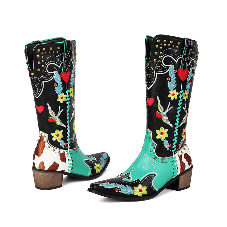 womens-green-pu-knight-boots-with-embroidered-floral-color-block-mid-chunky-heel Women's Green PU Knight Boots with Embroidered Floral Color Block Mid Chunky Heel