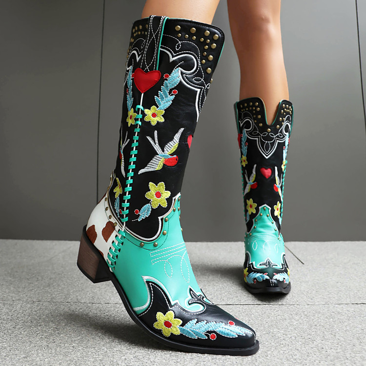 womens-green-pu-knight-boots-with-embroidered-floral-color-block-mid-chunky-heel_1 Women's Green PU Knight Boots with Embroidered Floral Color Block Mid Chunky Heel