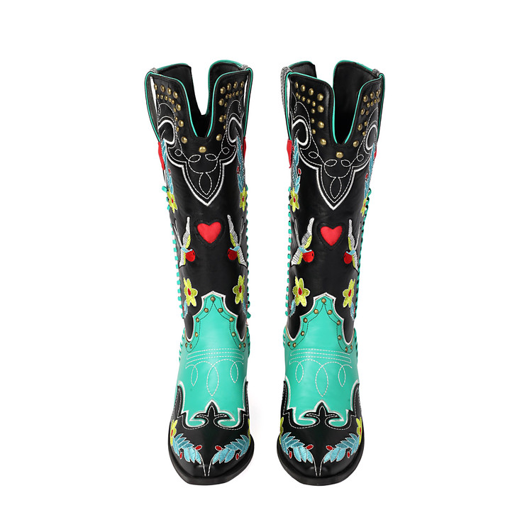 womens-green-pu-knight-boots-with-embroidered-floral-color-block-mid-chunky-heel_2 Women's Green PU Knight Boots with Embroidered Floral Color Block Mid Chunky Heel