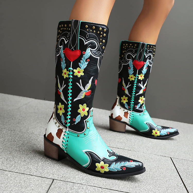 womens-green-pu-knight-boots-with-embroidered-floral-color-block-mid-chunky-heel_3 Women's Green PU Knight Boots with Embroidered Floral Color Block Mid Chunky Heel