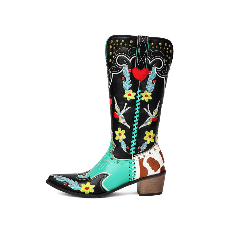 womens-green-pu-knight-boots-with-embroidered-floral-color-block-mid-chunky-heel_4 Women's Green PU Knight Boots with Embroidered Floral Color Block Mid Chunky Heel