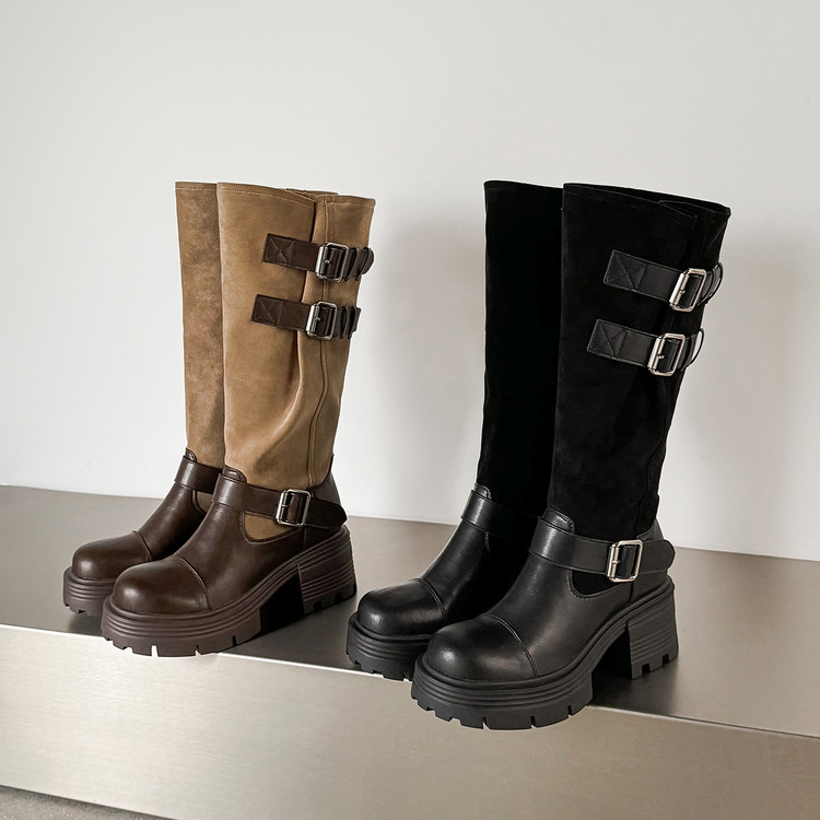 womens-high-heel-knight-boots-with-buckle-detail Women's High Heel Knight Boots with Buckle Detail