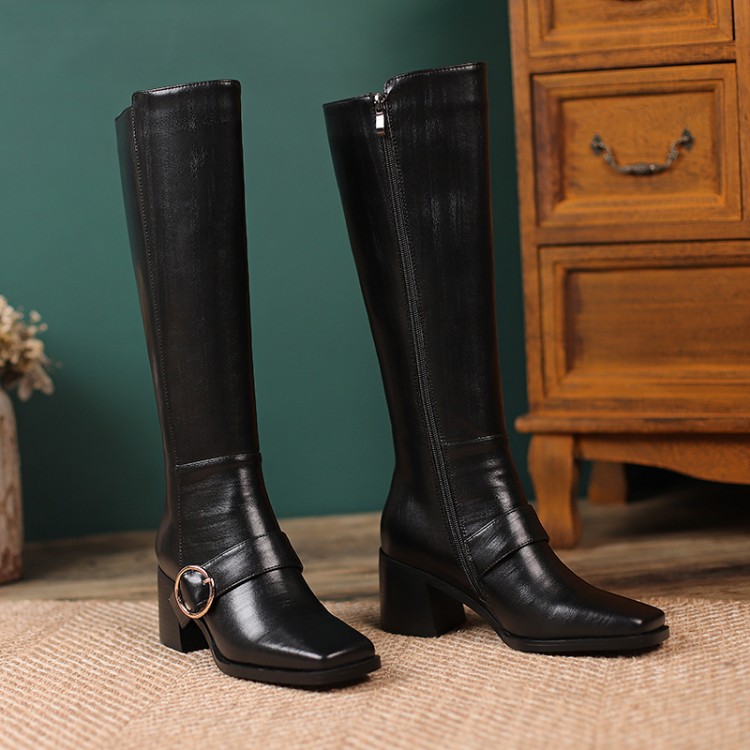womens-high-heel-square-toe-leather-fashion-boots-with-buckle_4 Women's High Heel Square Toe Leather Fashion Boots with Buckle
