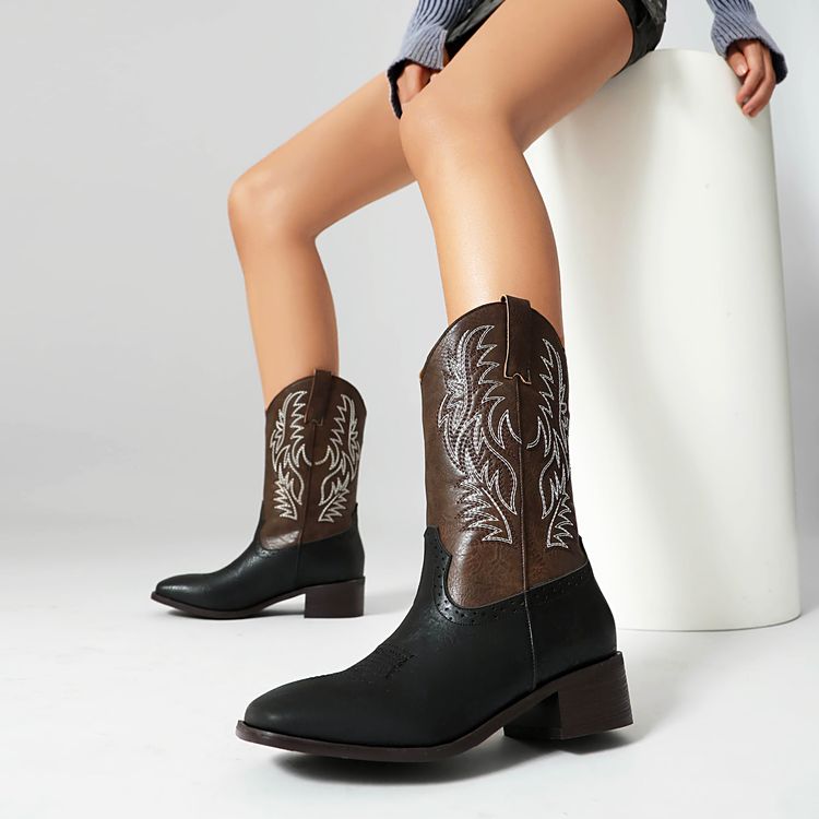 womens-retro-knight-boots-pu-square-toe-mid-calf-embroidered Women's Retro Knight Boots PU Square Toe Mid Calf Embroidered