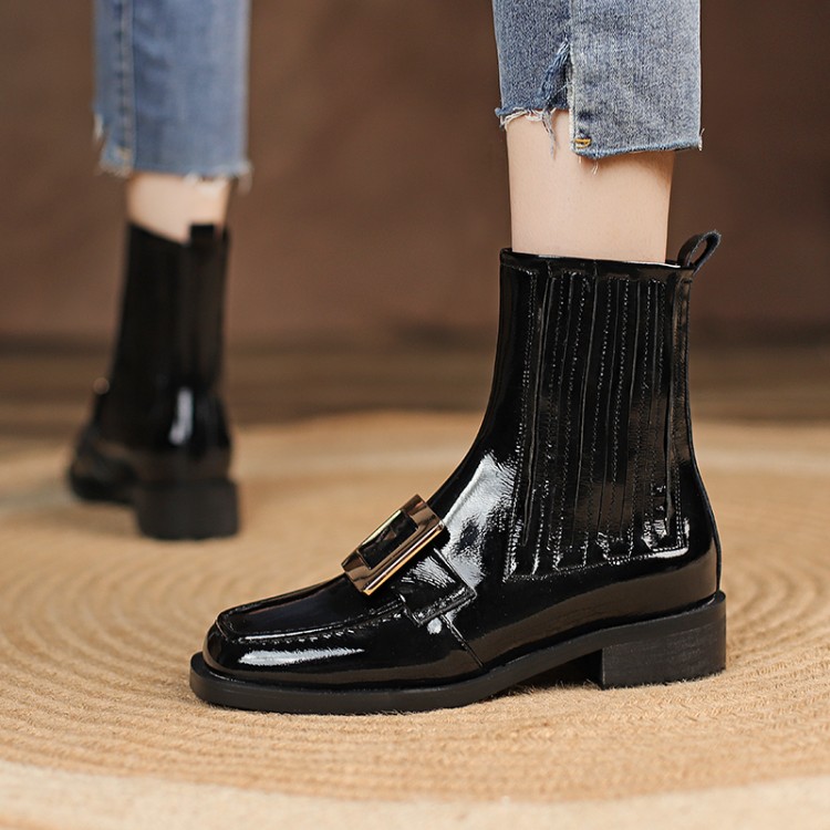 womens-square-toe-ankle-boots-low-heel-patent-faux-leather Women's Square Toe Ankle Boots Low Heel Patent Faux Leather