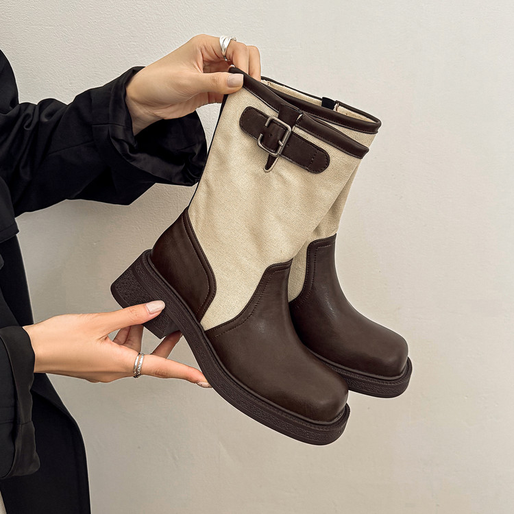 womens-square-toe-knight-boots-with-metal-buckle-and-patchwork-design Women's Square Toe Knight Boots with Metal Buckle and Patchwork Design