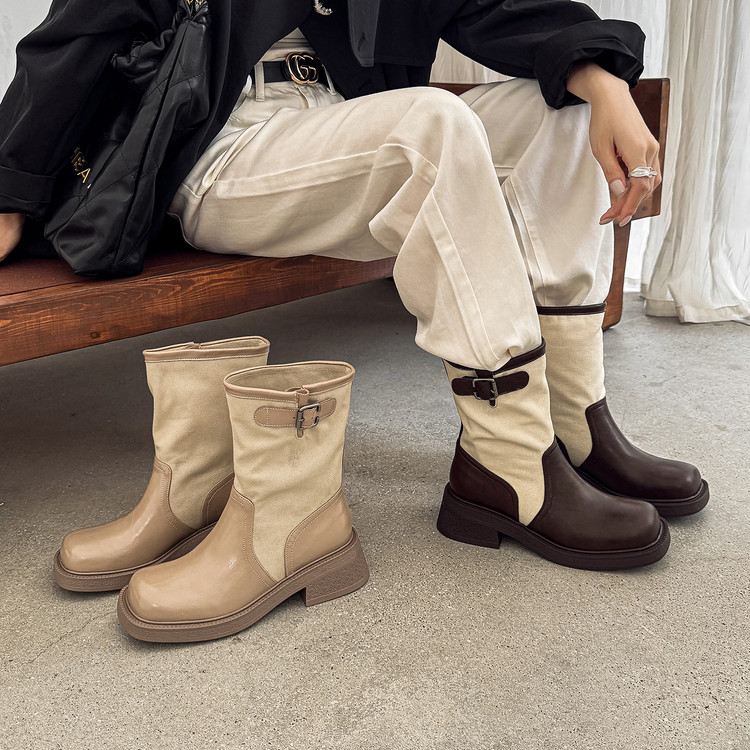 womens-square-toe-knight-boots-with-metal-buckle-and-patchwork-design_1 Women's Square Toe Knight Boots with Metal Buckle and Patchwork Design