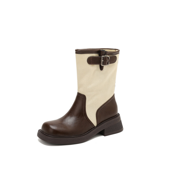womens-square-toe-knight-boots-with-metal-buckle-and-patchwork-design_4 Women's Square Toe Knight Boots with Metal Buckle and Patchwork Design